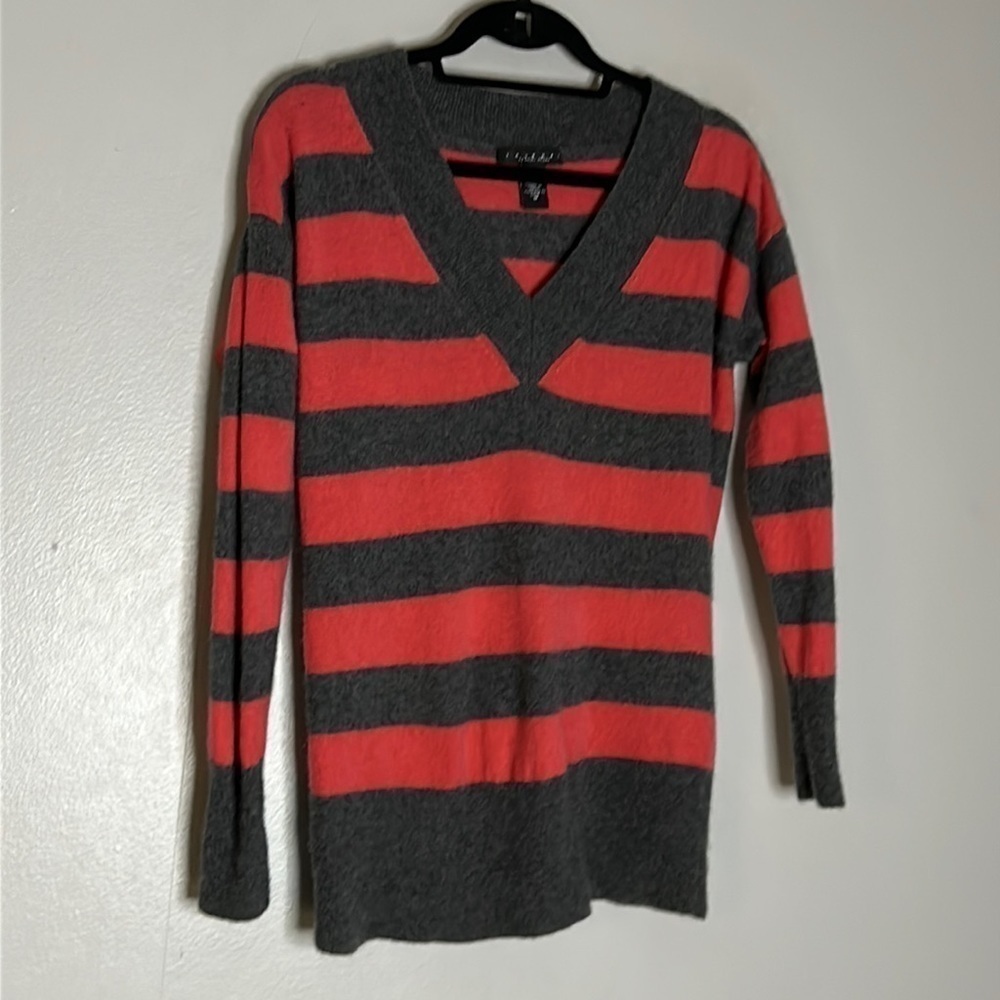 Laundry Shelli Segal cashmere V-neck pullover sweaters striped grey salmon mediu